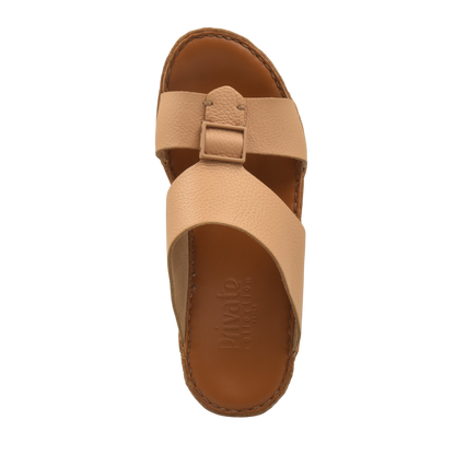 Private Collection luxury leather sandals in tan with crisscross straps and adjustable buckle