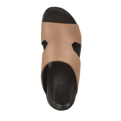 Top view of tan and black luxury leather sandals with cushioned footbed from Private Collection