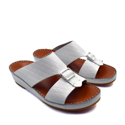 Private Collection luxury leather sandals in white with quilted straps and adjustable silver buckle
