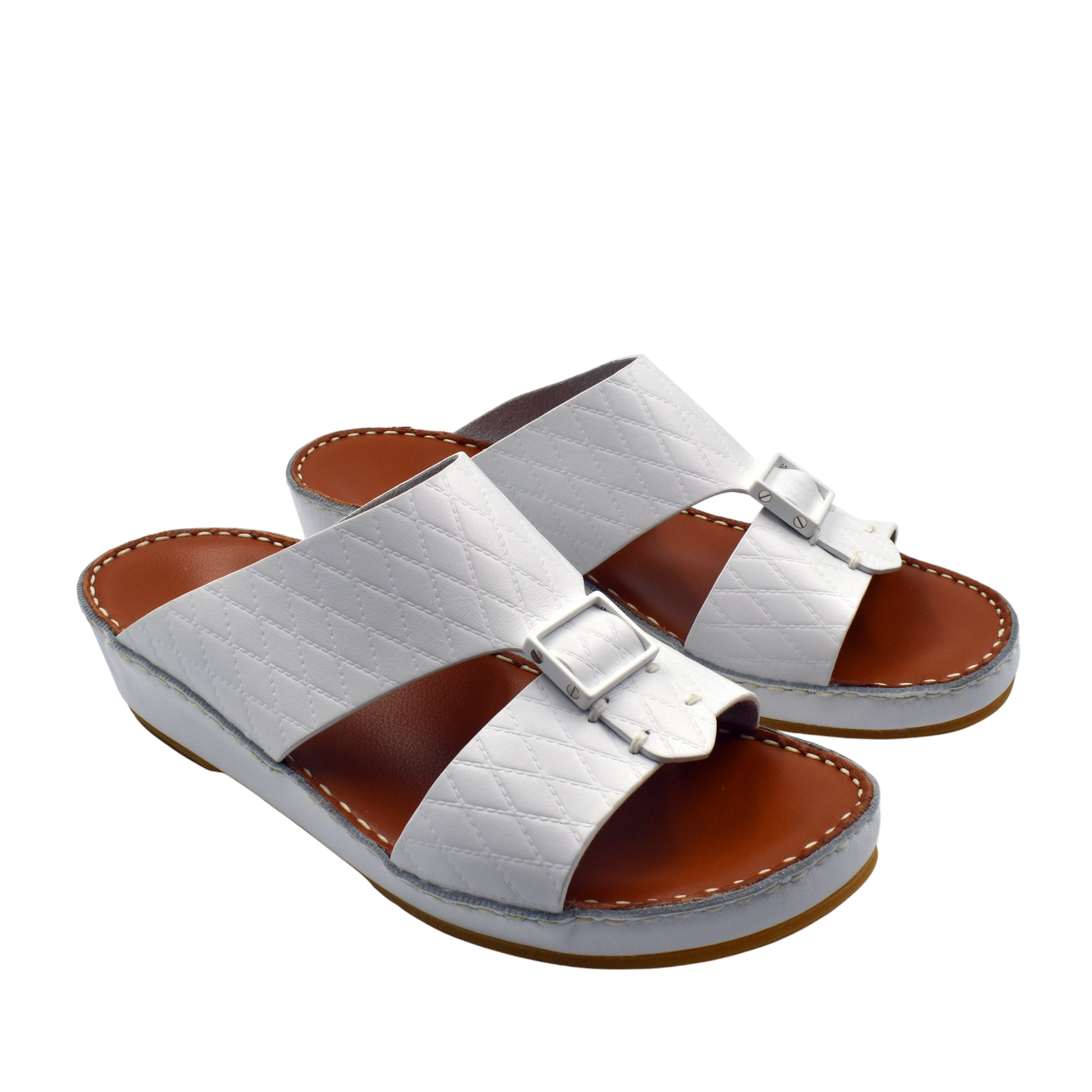 Private Collection luxury leather sandals in white with quilted straps and adjustable silver buckle
