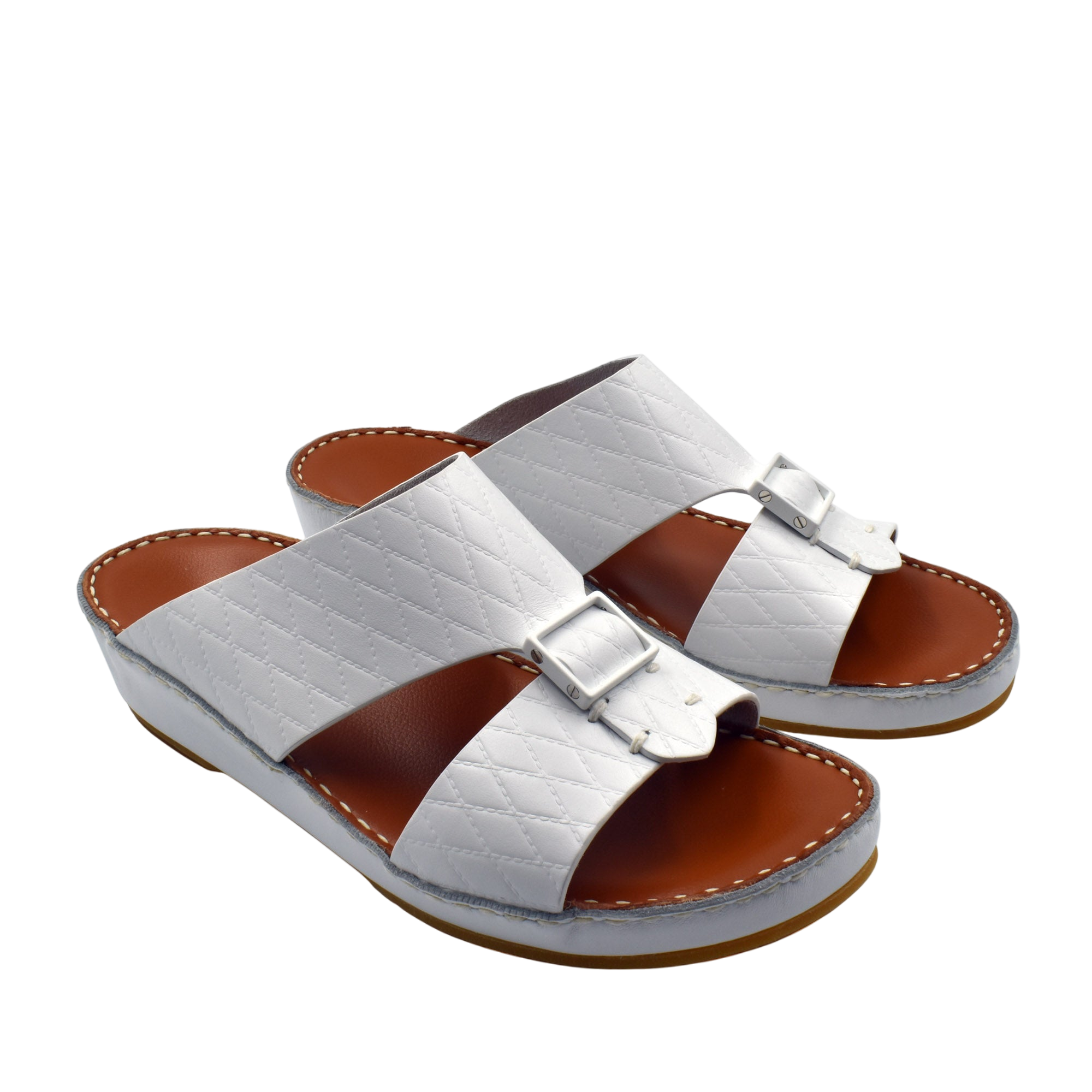 Private Collection luxury leather sandals in white with quilted straps and adjustable silver buckle