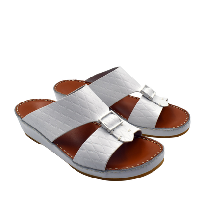 Private Collection luxury leather sandals in white with quilted straps and adjustable silver buckle