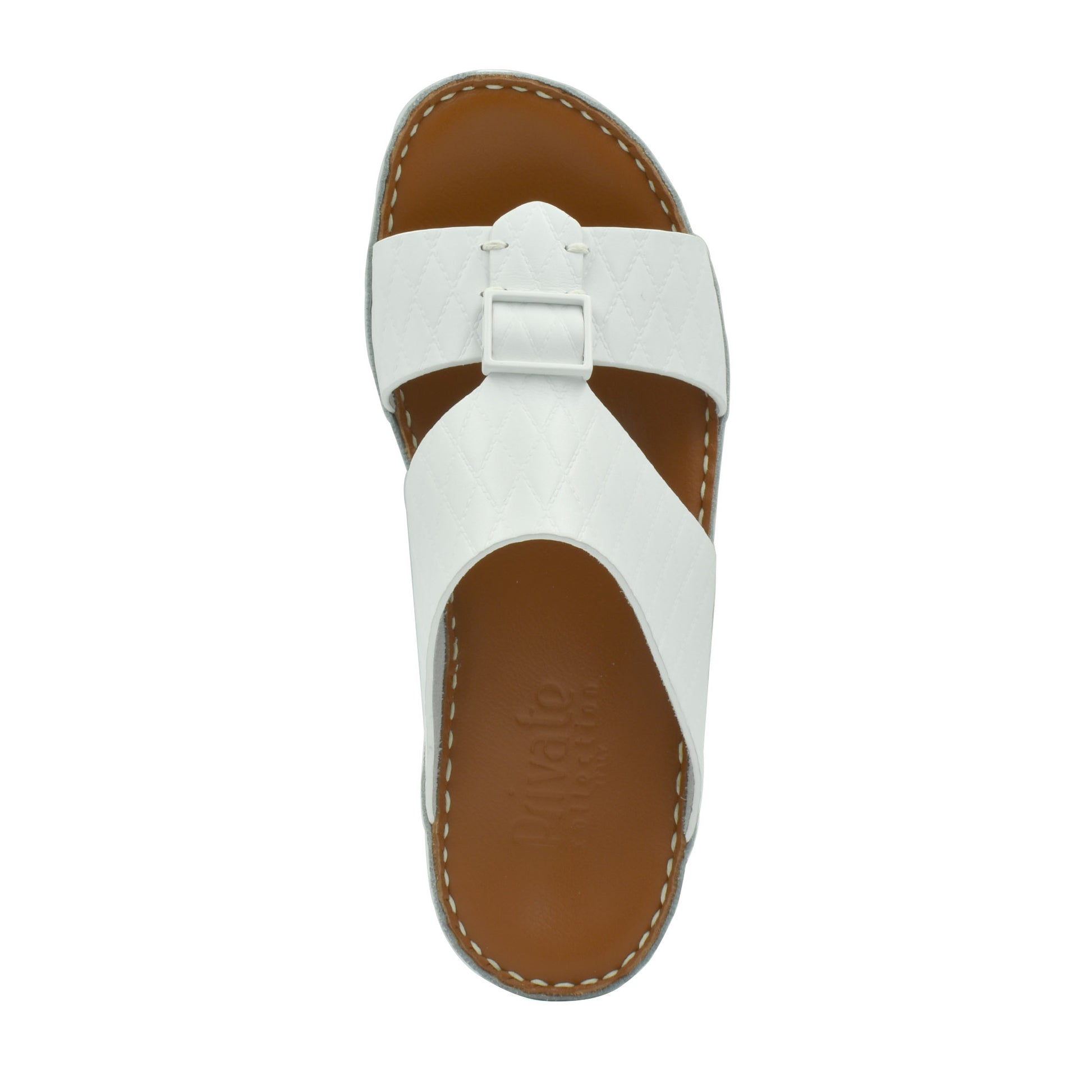 Private Collection luxury leather sandals in white with buckle detail and brown sole