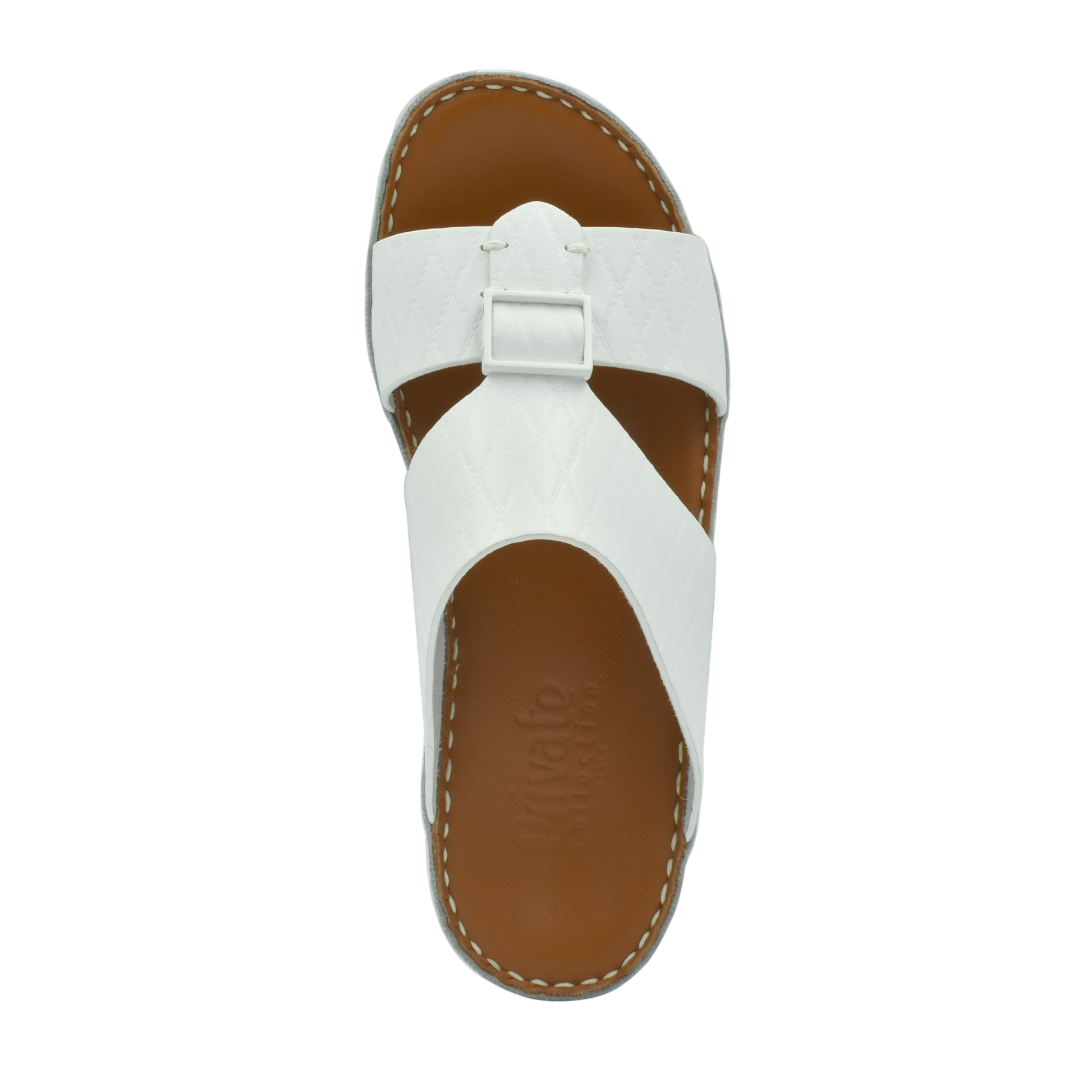Private Collection luxury leather sandals in white with buckle detail and brown sole