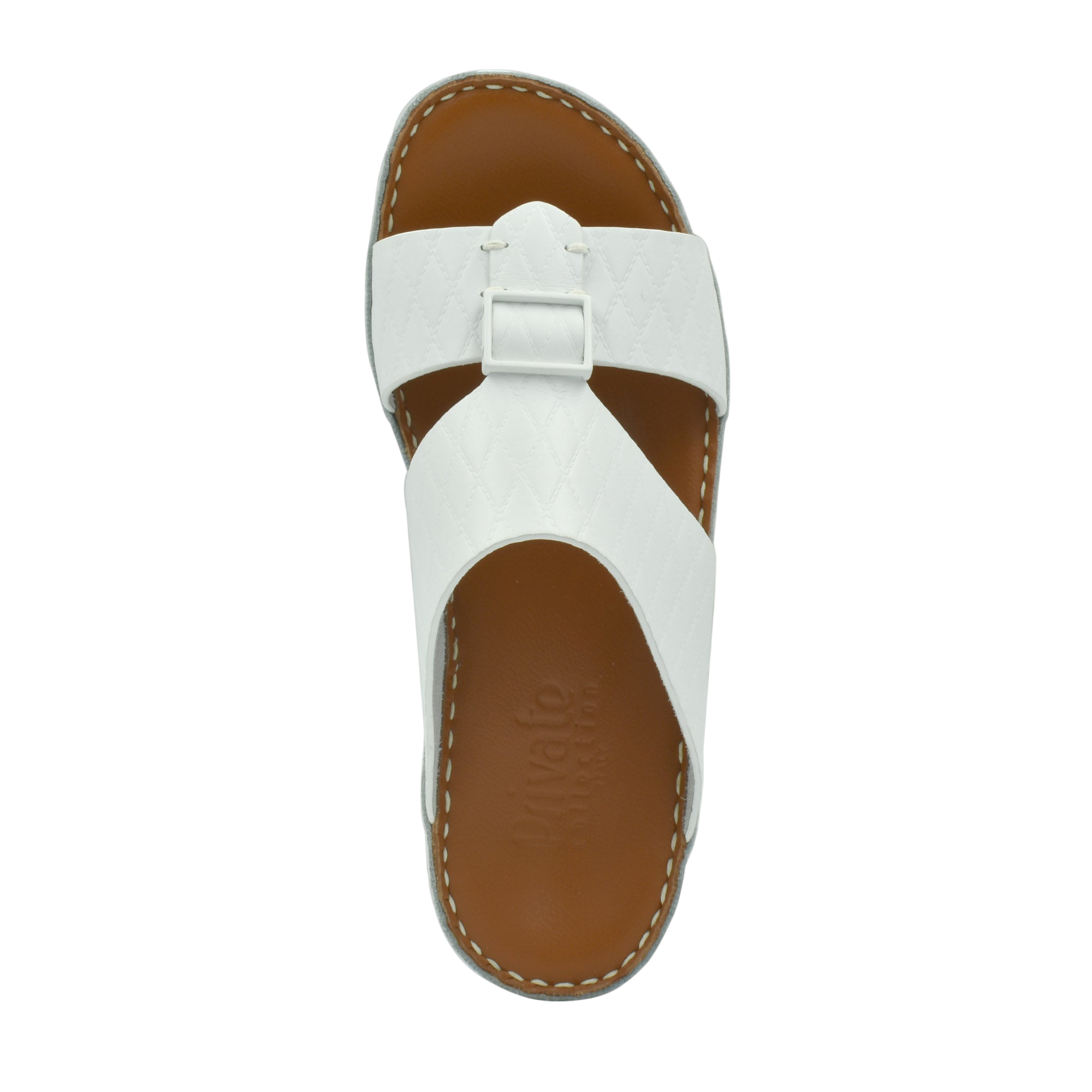 Private Collection luxury leather sandals in white with buckle detail and brown sole