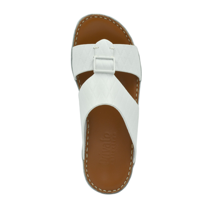 Private Collection luxury leather sandals in white with buckle detail and brown sole