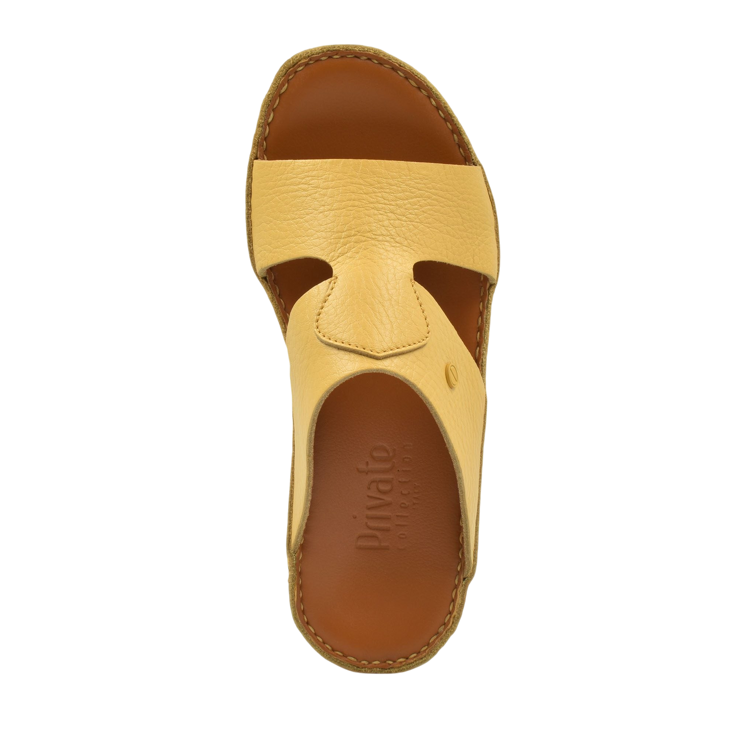 Top view of beige luxury leather sandals with brown footbed by Private Collection