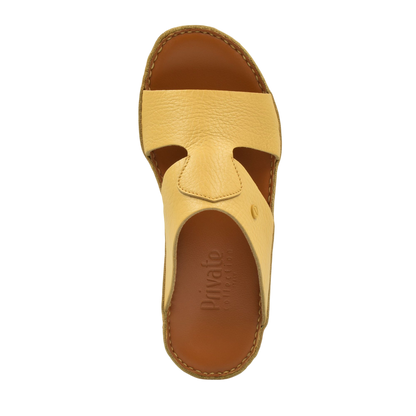 Top view of beige luxury leather sandals with brown footbed by Private Collection
