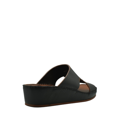 Black luxury leather slide sandals with a low wedge heel from Private Collection