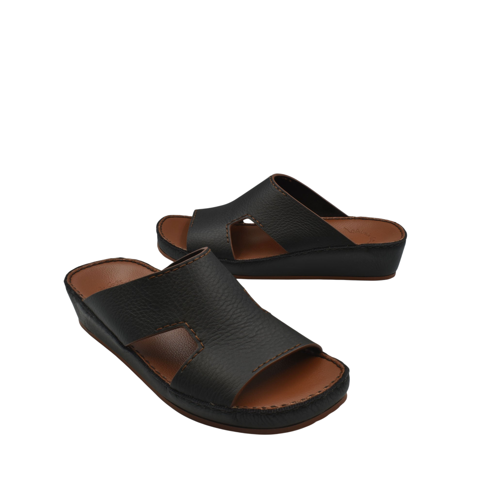 Black luxury leather slide sandals with cushioned sole for comfortable wear