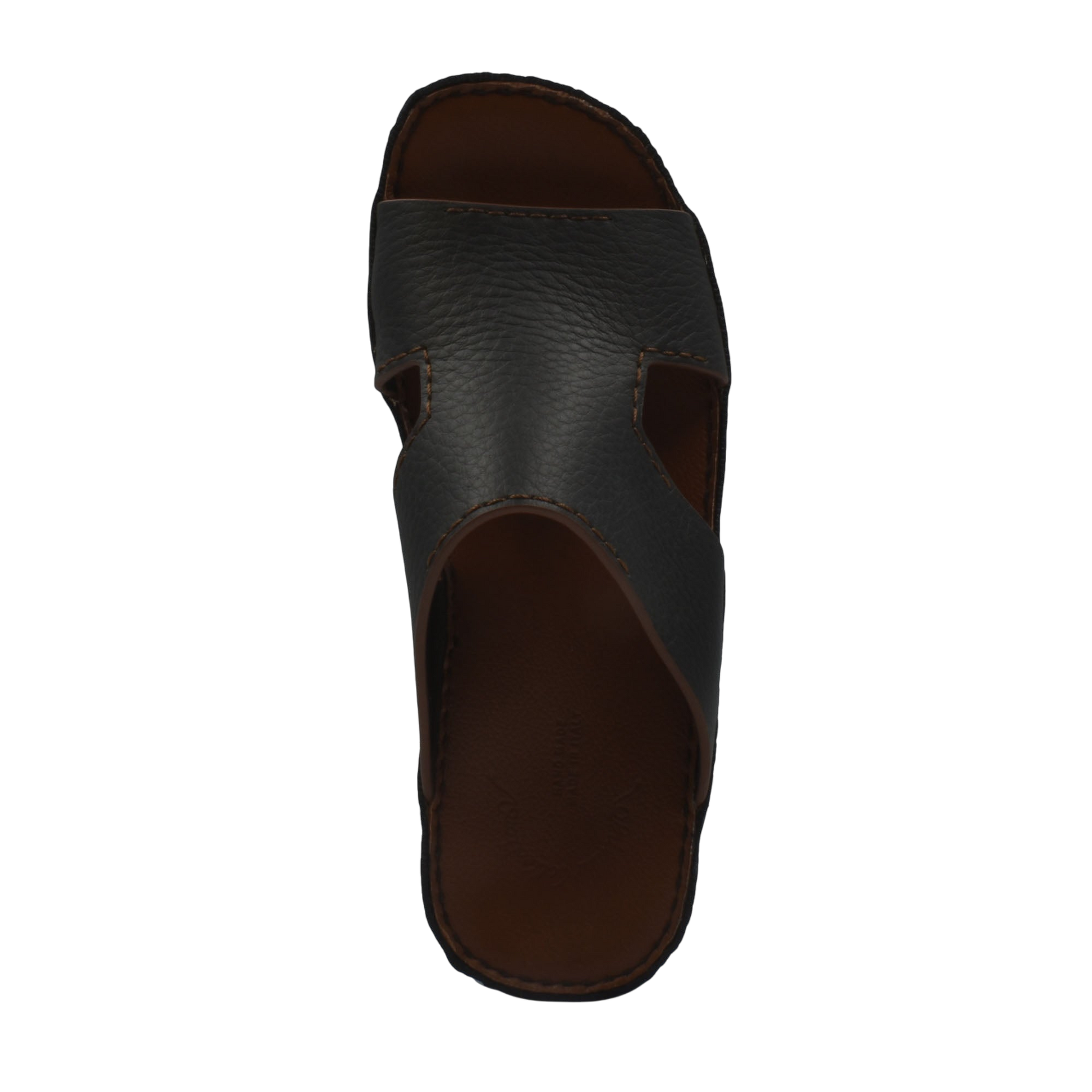 Black luxury leather slide sandals with textured upper and brown cushioned footbed