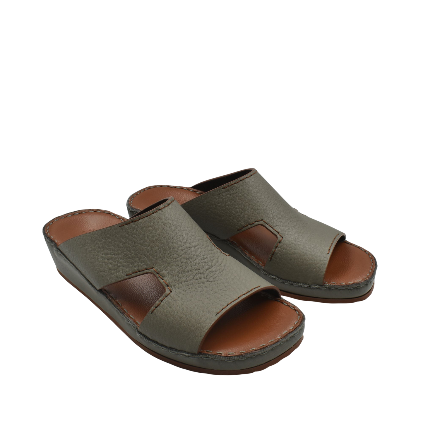 Pair of olive green luxury leather slide sandals with open toe and cushioned footbed