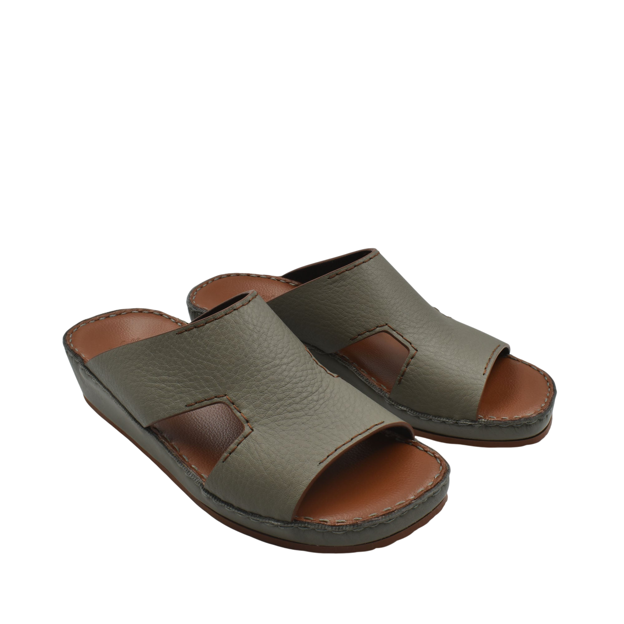 Pair of olive green luxury leather slide sandals with open toe and cushioned footbed