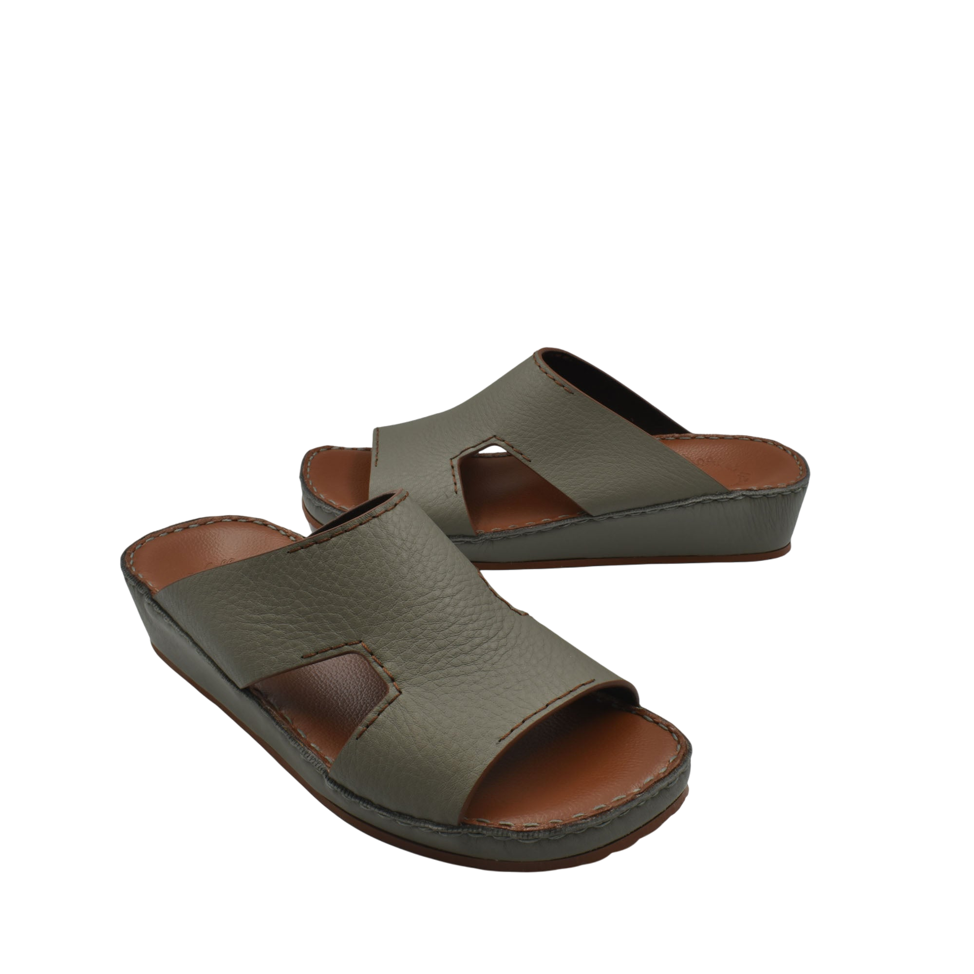 Gray luxury leather slide sandals with open toe and cushioned sole from private collection