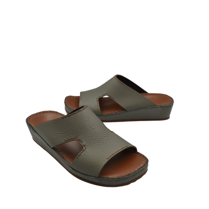 Gray luxury leather slide sandals with open toe and cushioned sole from private collection