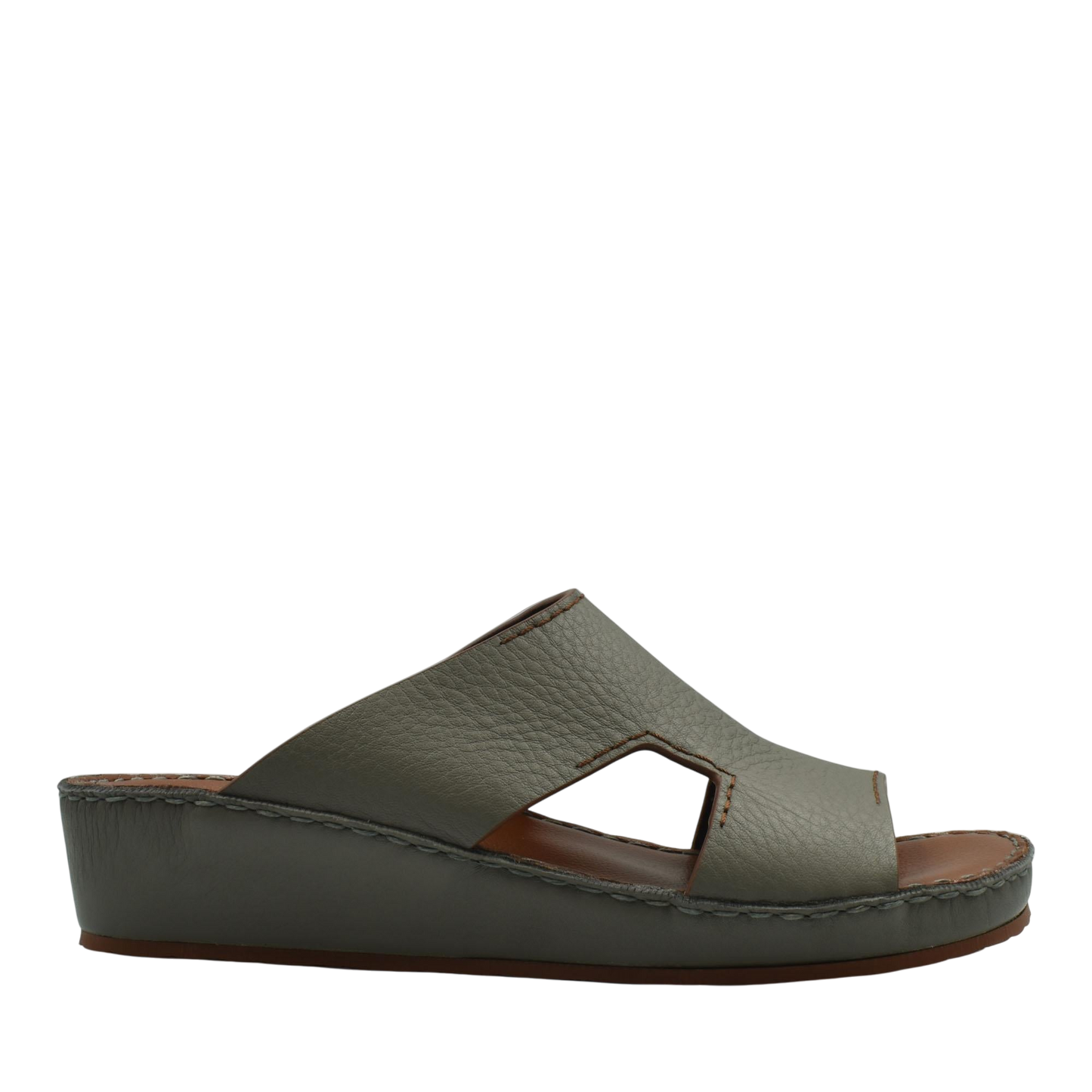 Gray luxury leather slide sandals with open toe and cushioned wedge sole for comfort
