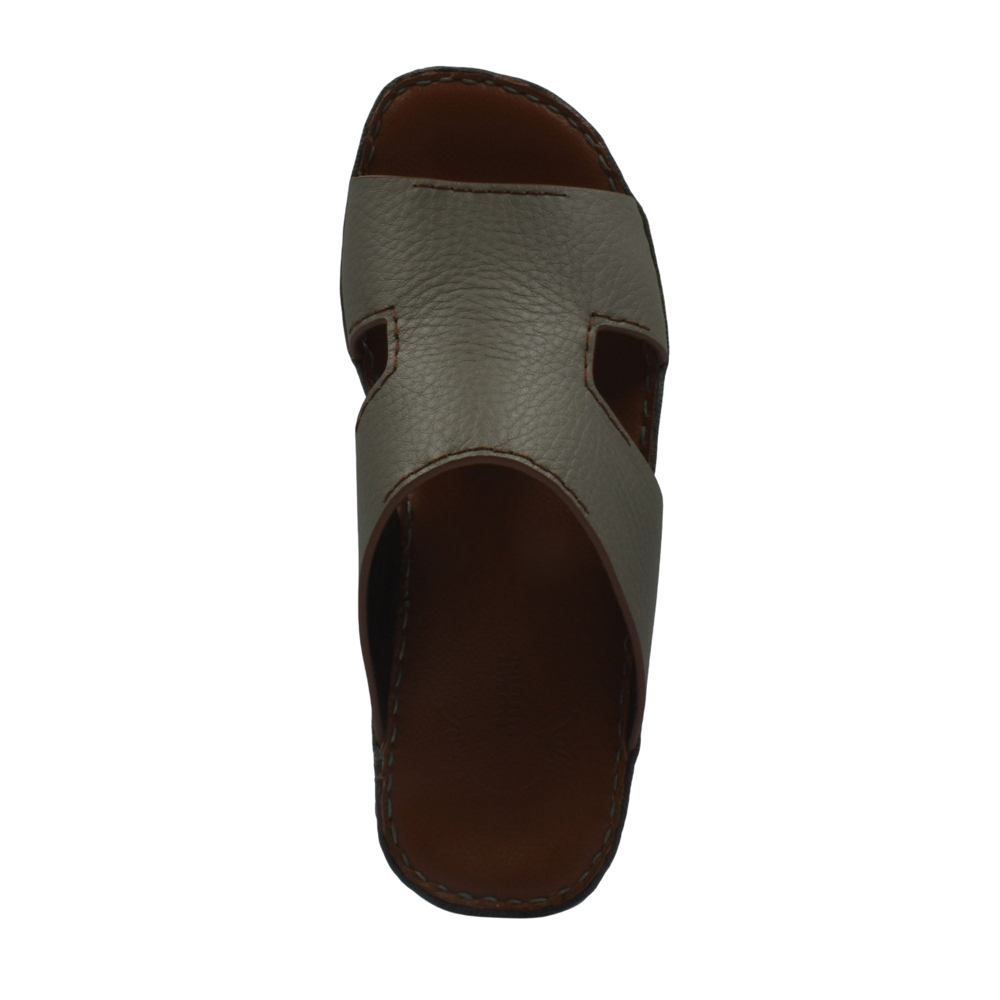 Top view of luxury leather slide sandals in brown with textured leather and cushioned sole