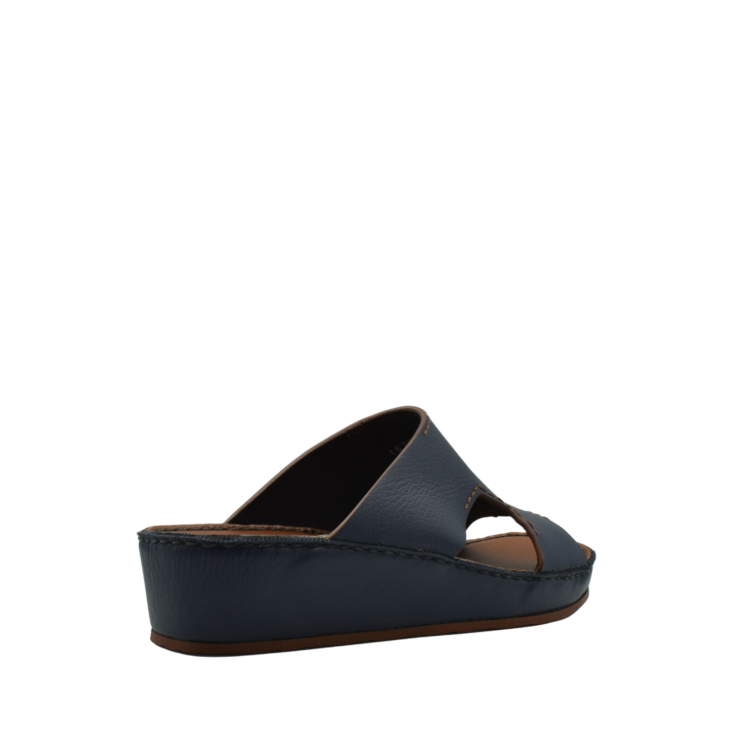 Navy blue luxury leather slide sandals with open toe and comfortable wedge sole