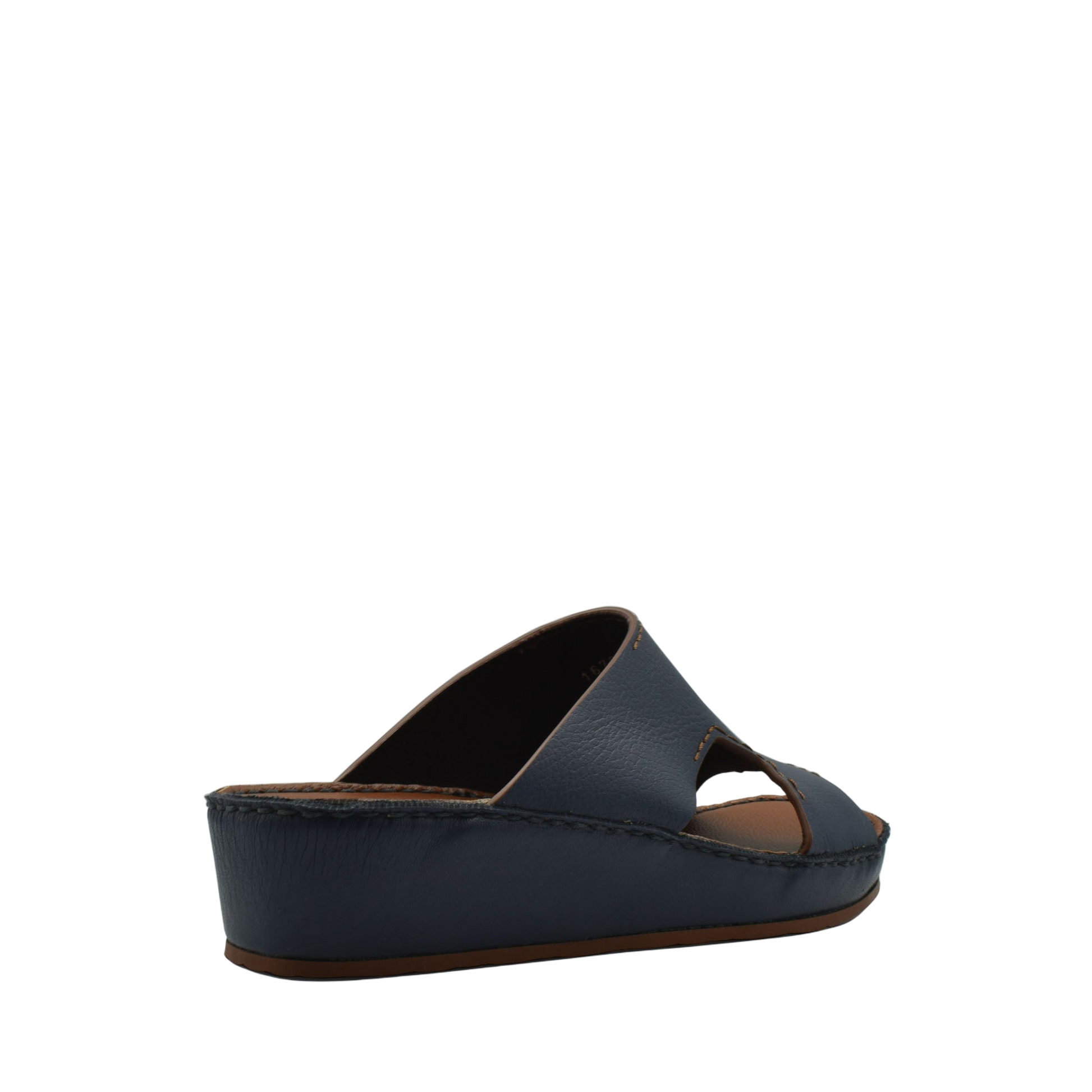 Navy blue luxury leather slide sandals with open toe and comfortable wedge sole
