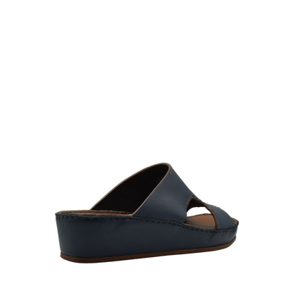 Navy blue luxury leather slide sandals with open toe and comfortable wedge sole