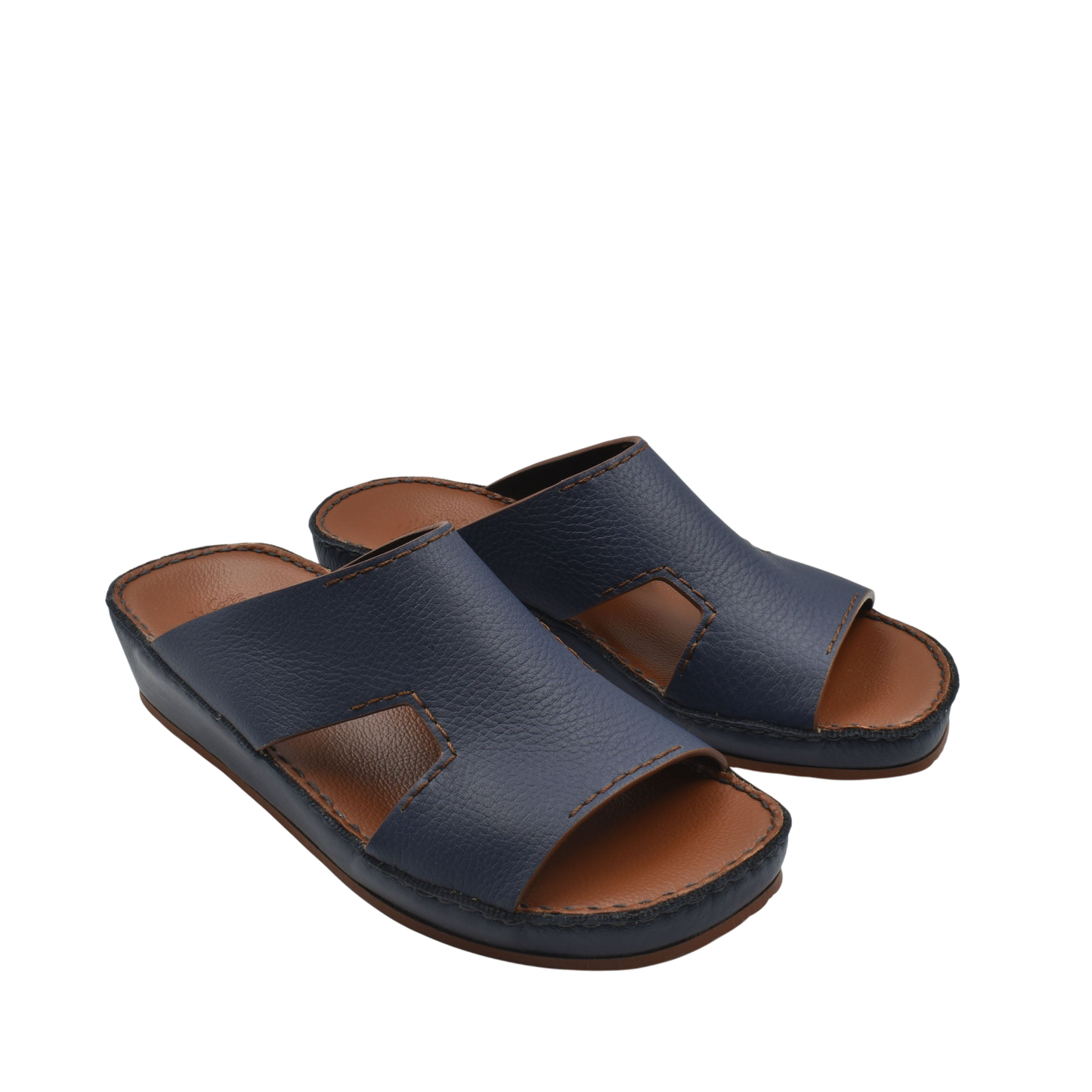 Blue luxury leather slide sandals with open toe and cushioned brown insole from private collection