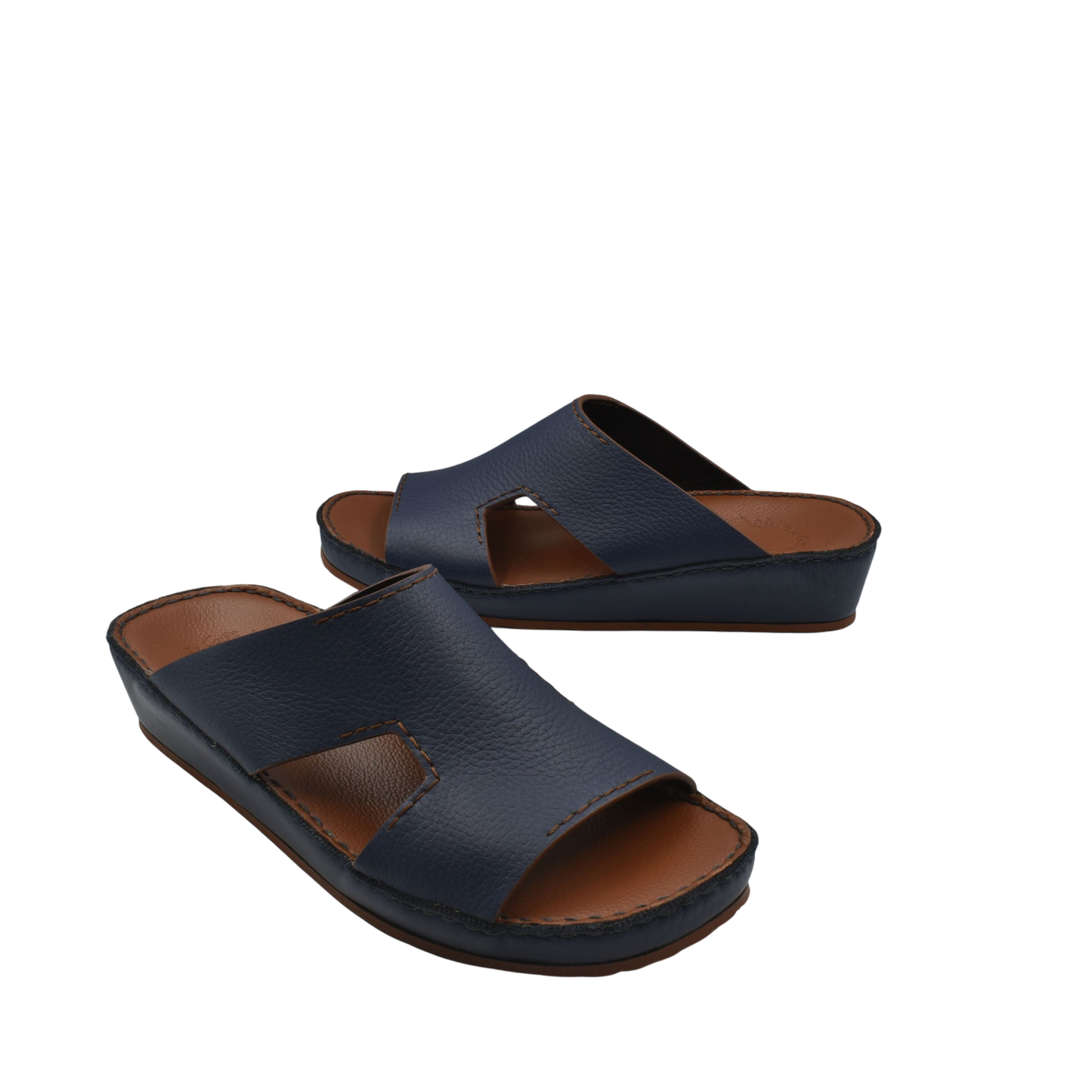 Pair of navy blue luxury leather slide sandals with cushioned sole and open toe design