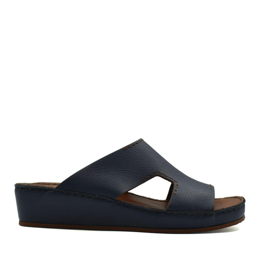 Navy blue luxury leather slide sandals with open toe and cushioned sole from private collection