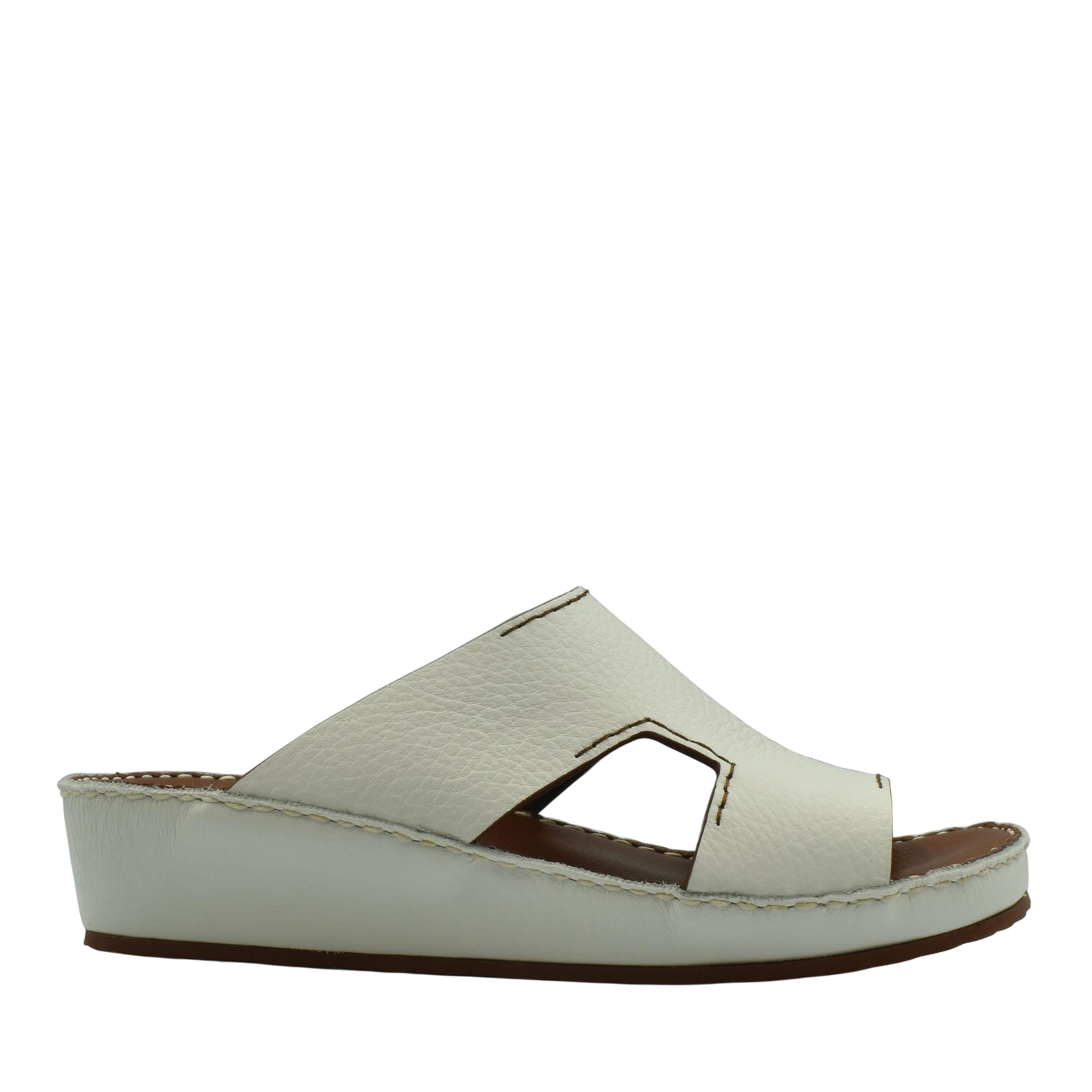 White luxury leather slide sandals with open toe and stitched detailing from private collection