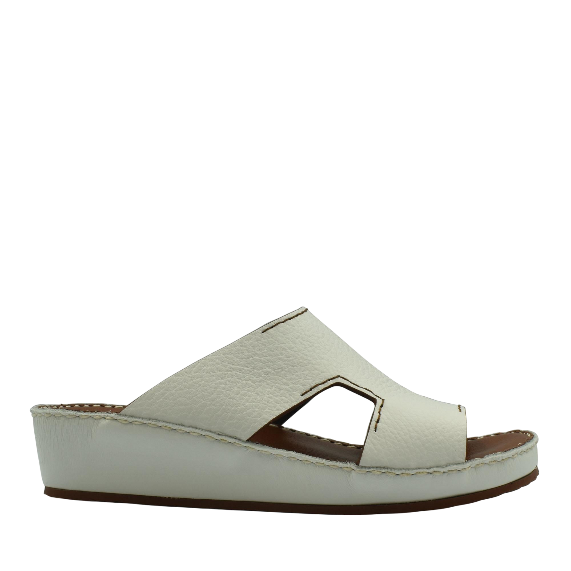 White luxury leather slide sandals with open toe and stitched detailing from private collection