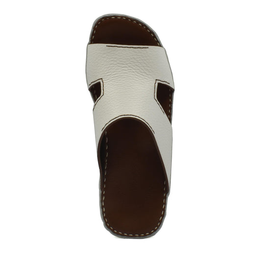 Luxury leather slide sandals with white textured upper and brown cushioned sole
