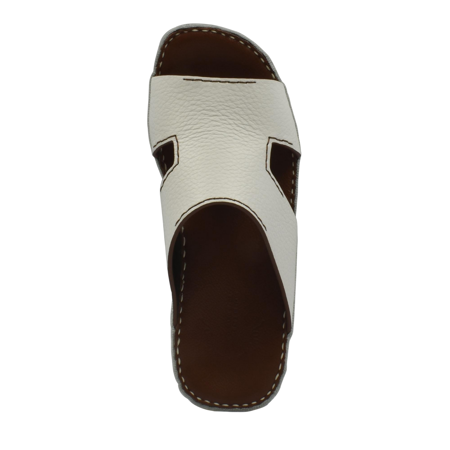 Luxury leather slide sandals with white textured upper and brown cushioned sole