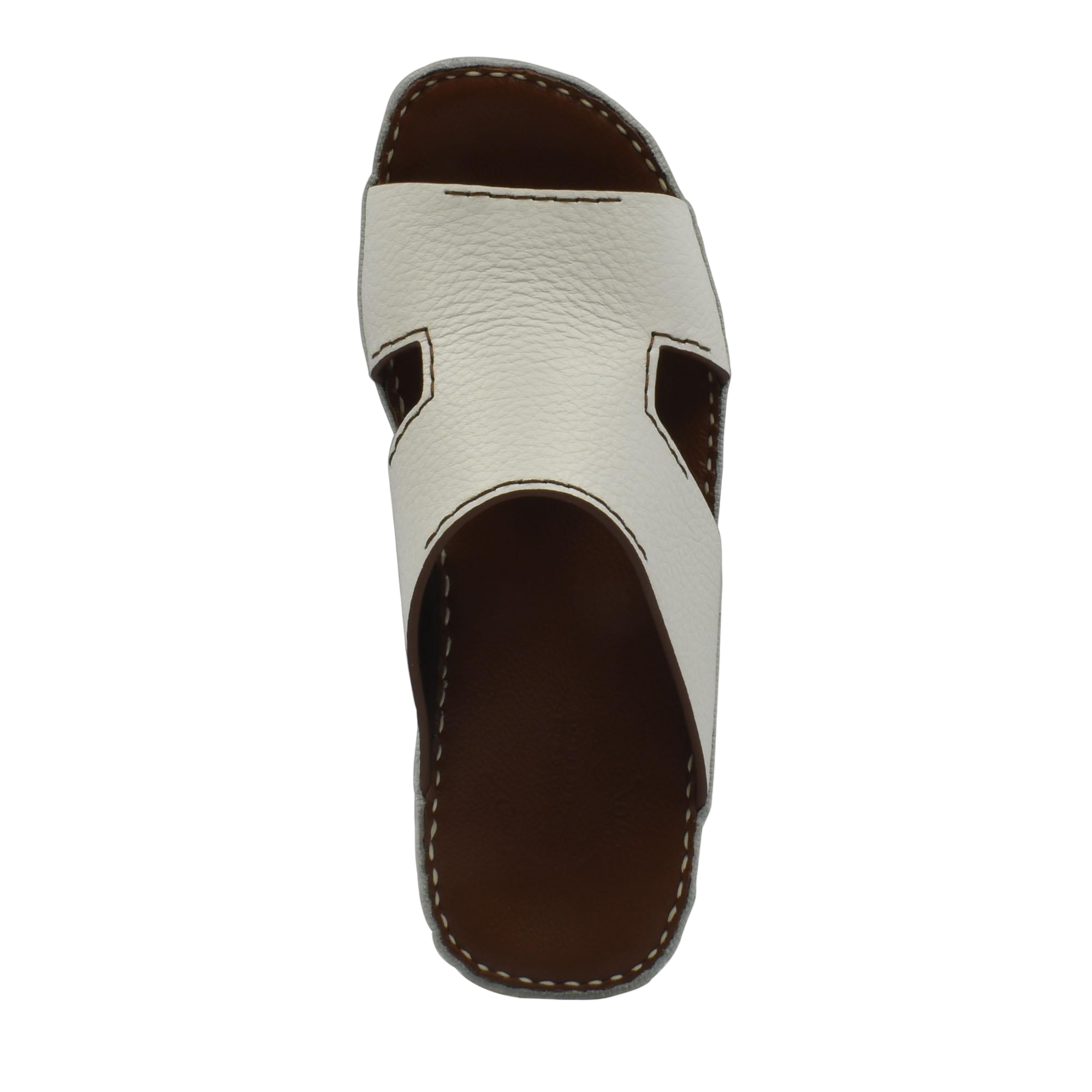 Luxury leather slide sandals with white textured upper and brown cushioned sole