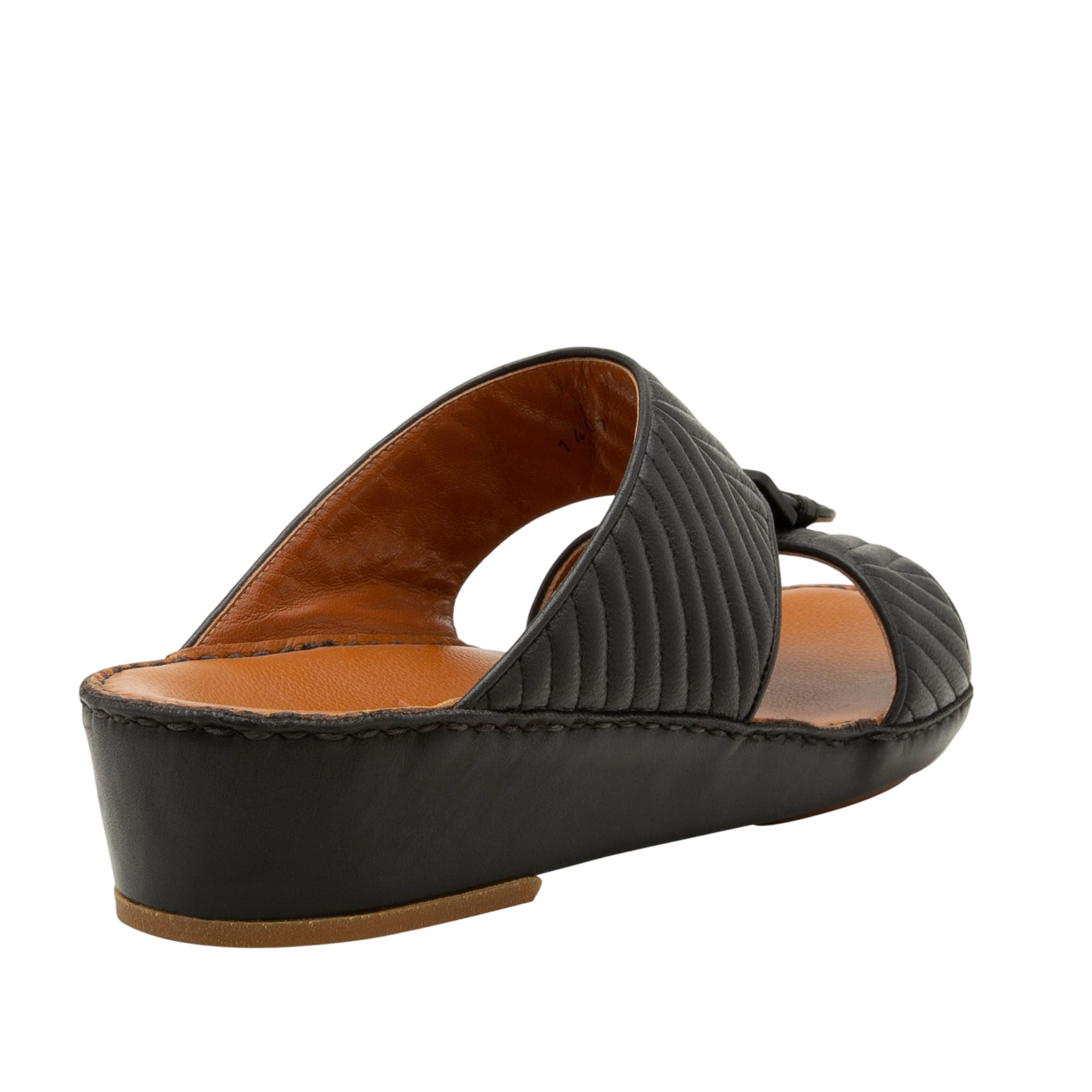 Black luxury matelasse footwear slide sandal with quilted design and low wedge heel