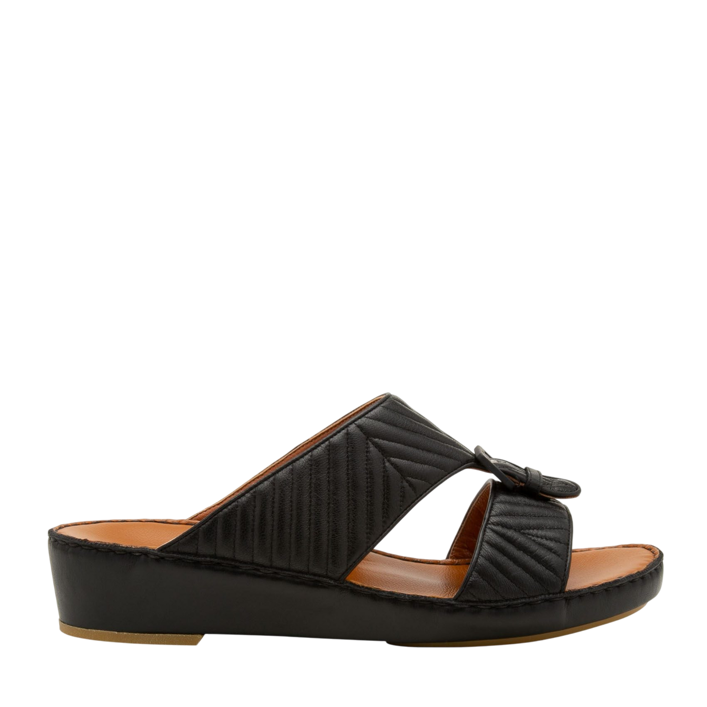 Black luxury matelasse footwear slide sandal with quilted straps and low wedge heel