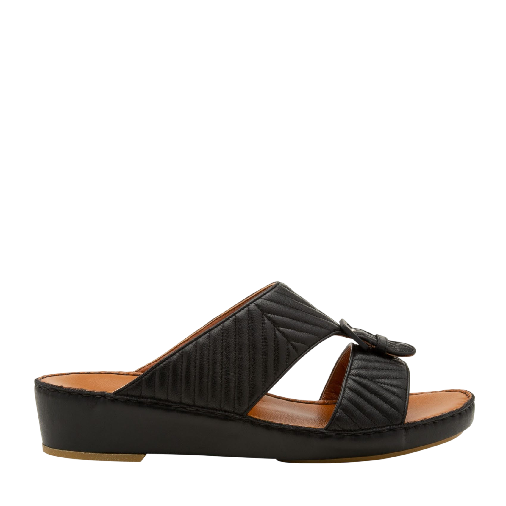 Black luxury matelasse footwear slide sandal with quilted straps and low wedge heel