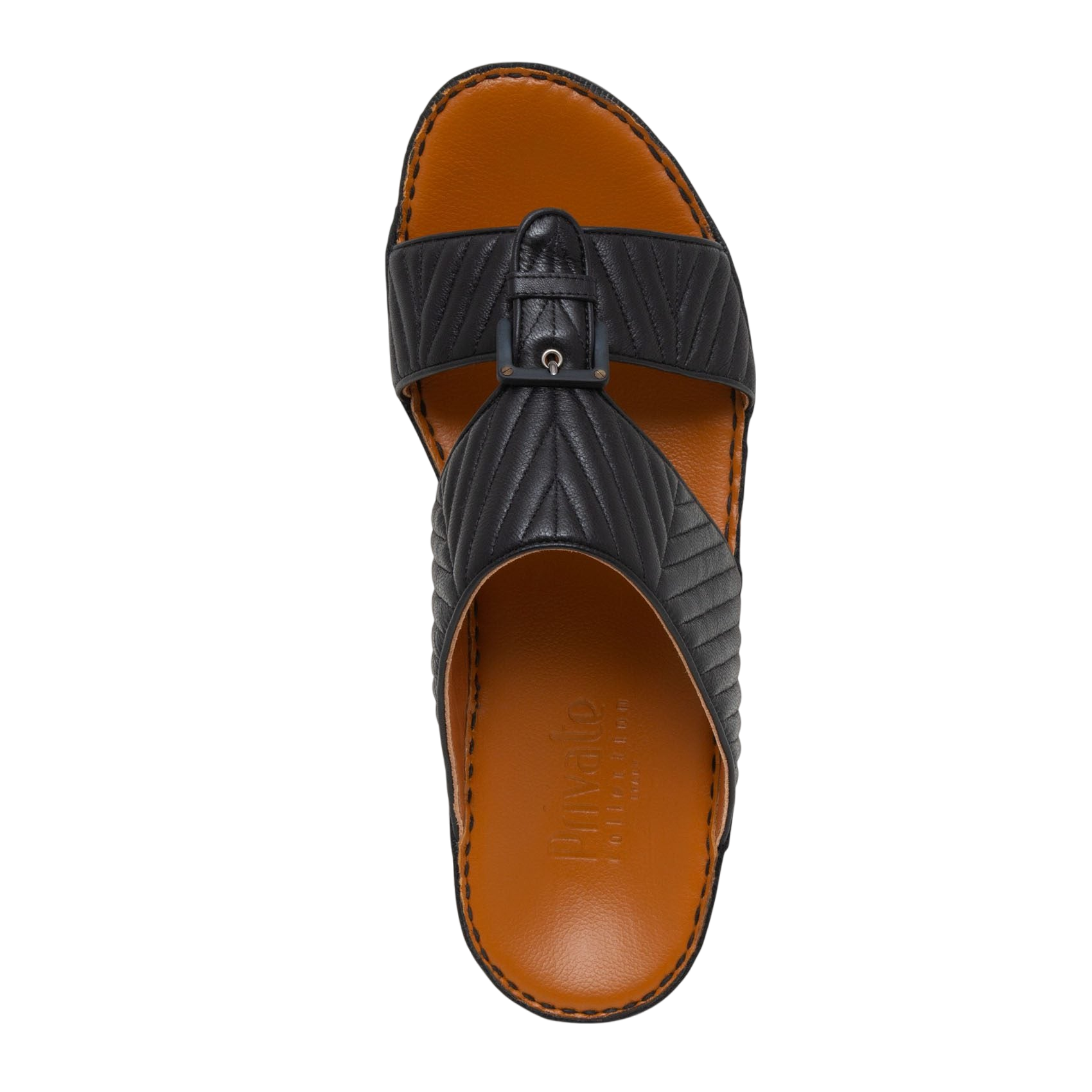 Black luxury matelasse footwear slide sandal with quilted leather straps and brown cushioned footbed