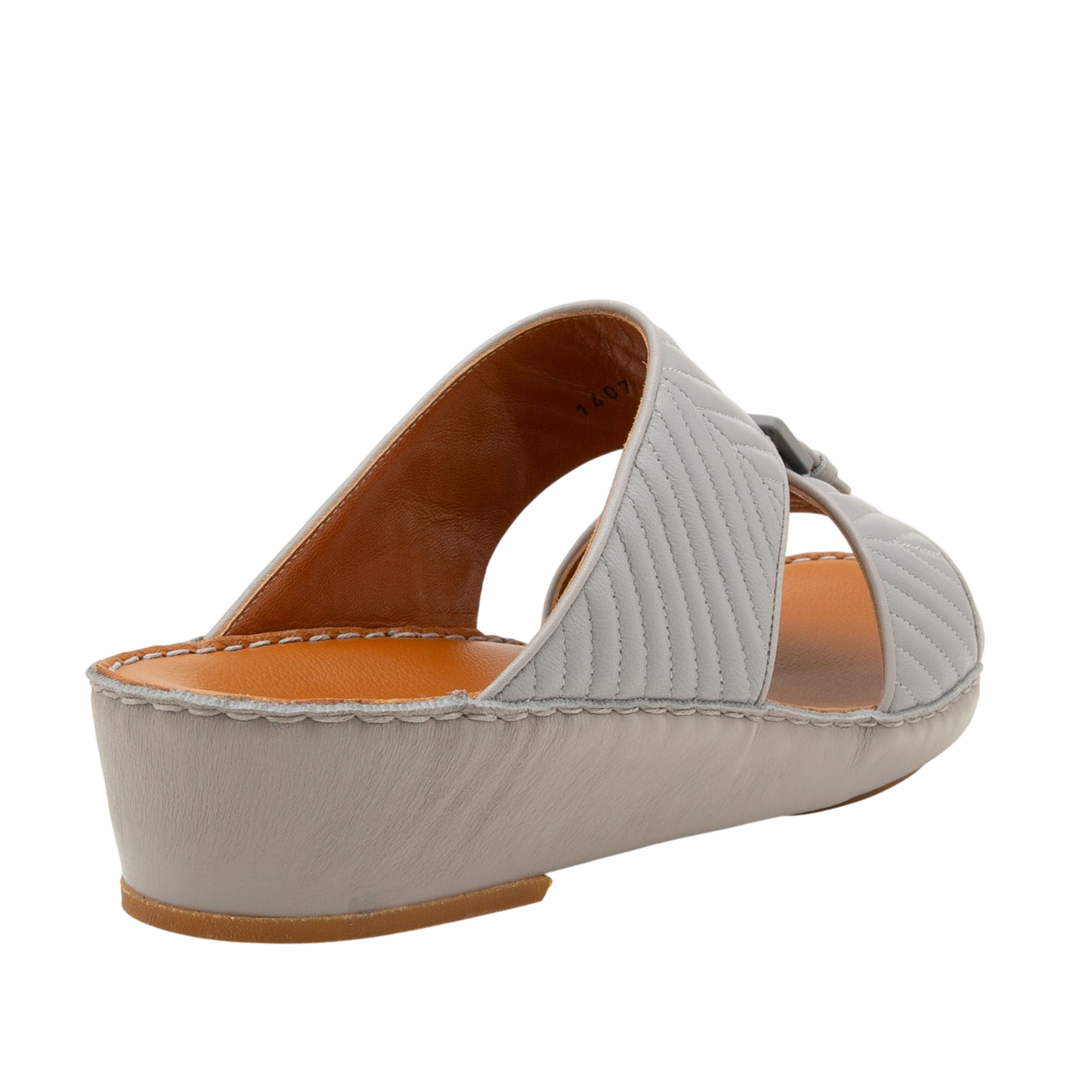 Gray luxury matelasse footwear slide sandal with quilted upper and low wedge heel