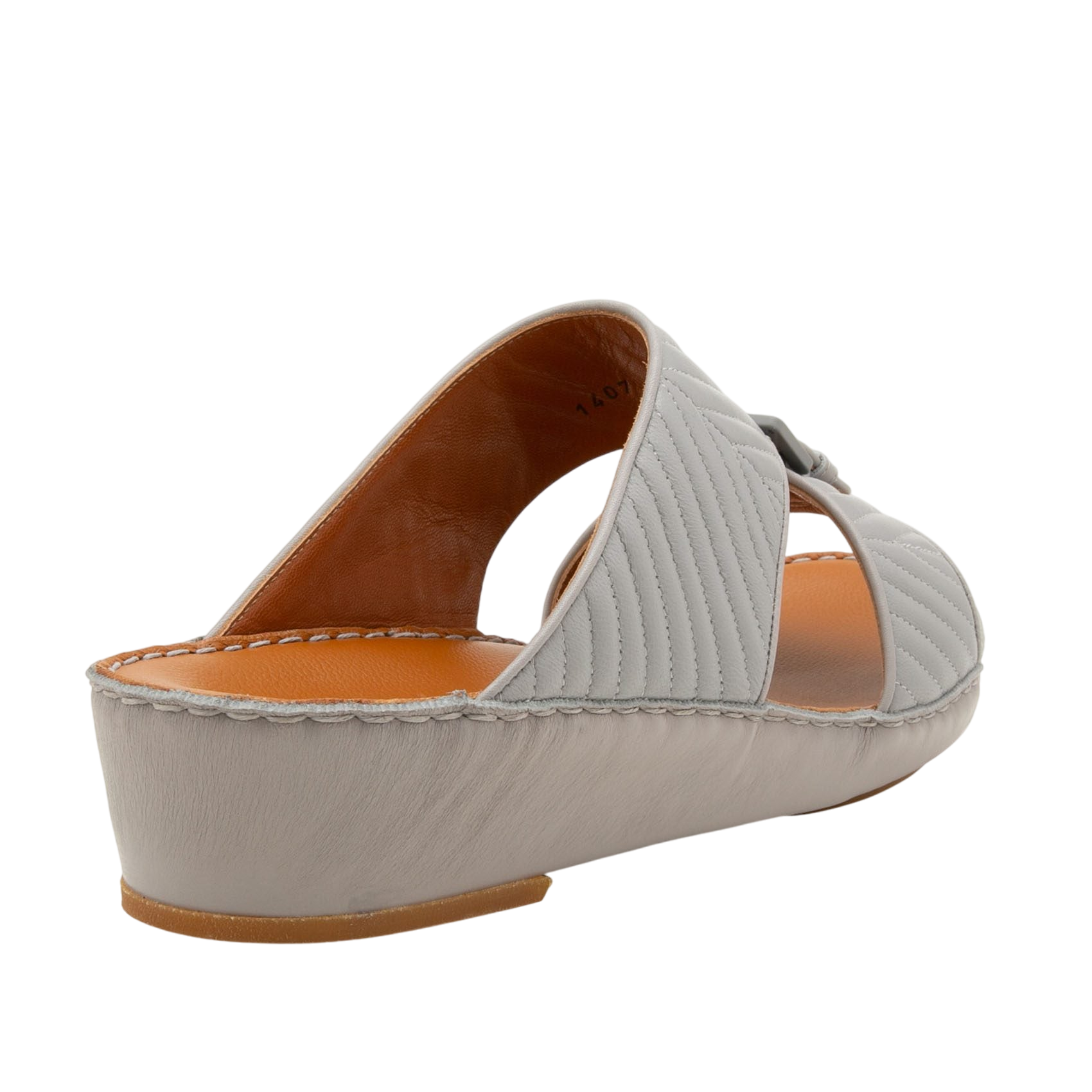 Gray luxury matelasse footwear slide sandal with quilted upper and low wedge heel