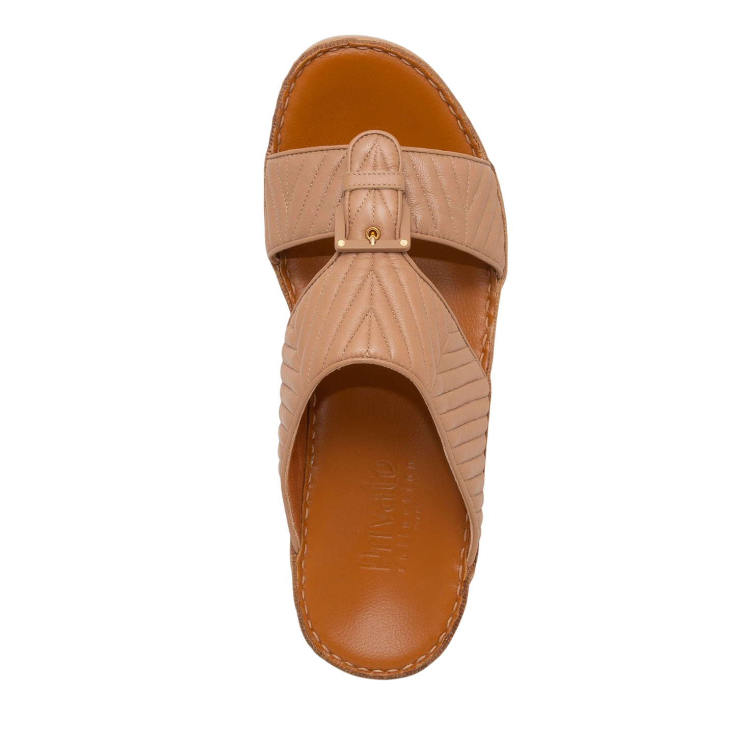 Top view of luxury matelasse footwear in beige with leather sole and quilted design