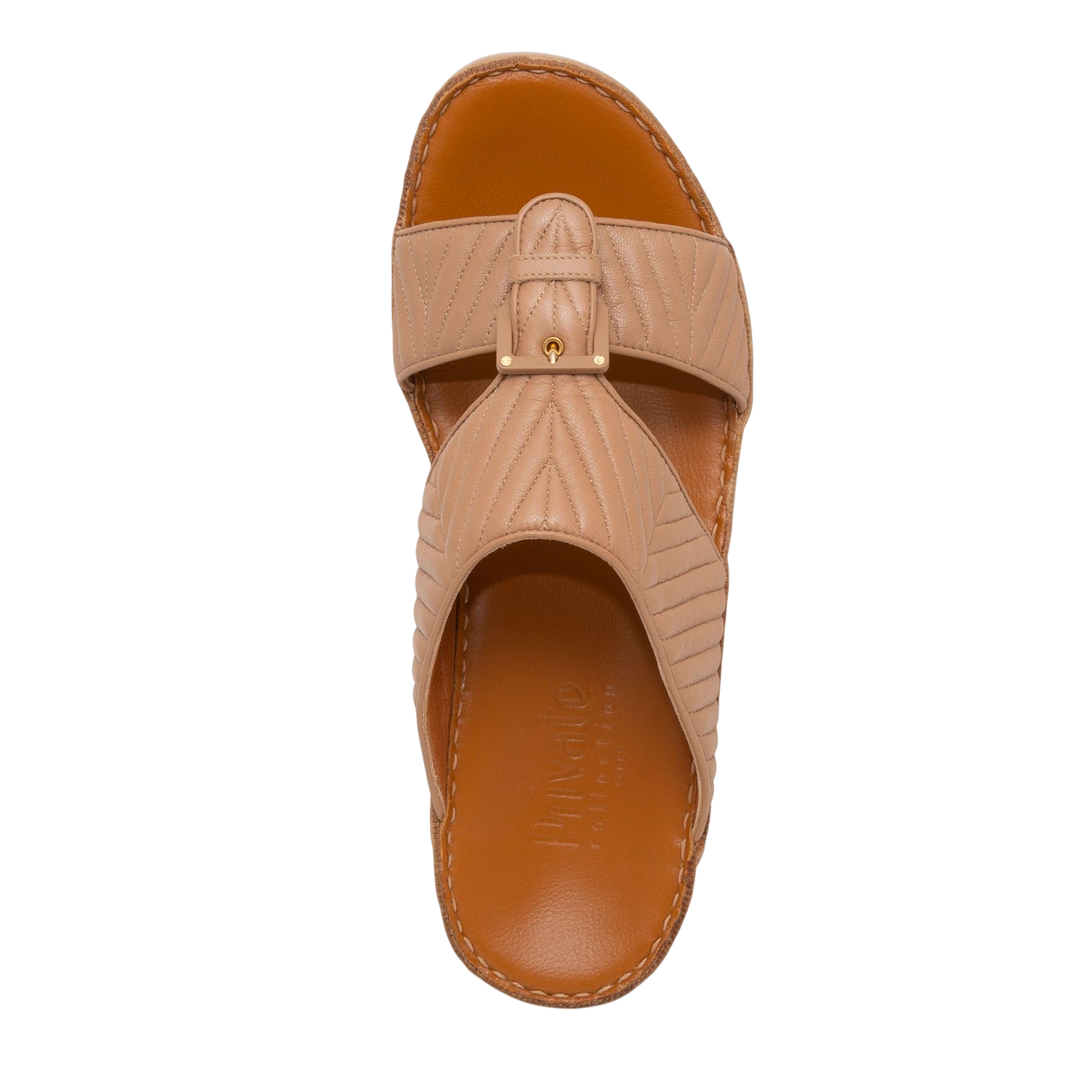 Top view of luxury matelasse footwear in beige with leather sole and quilted design
