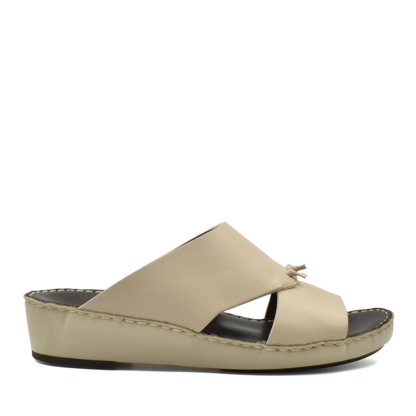 Beige luxury nappa leather sandal with open toe and low wedge heel for comfortable wear
