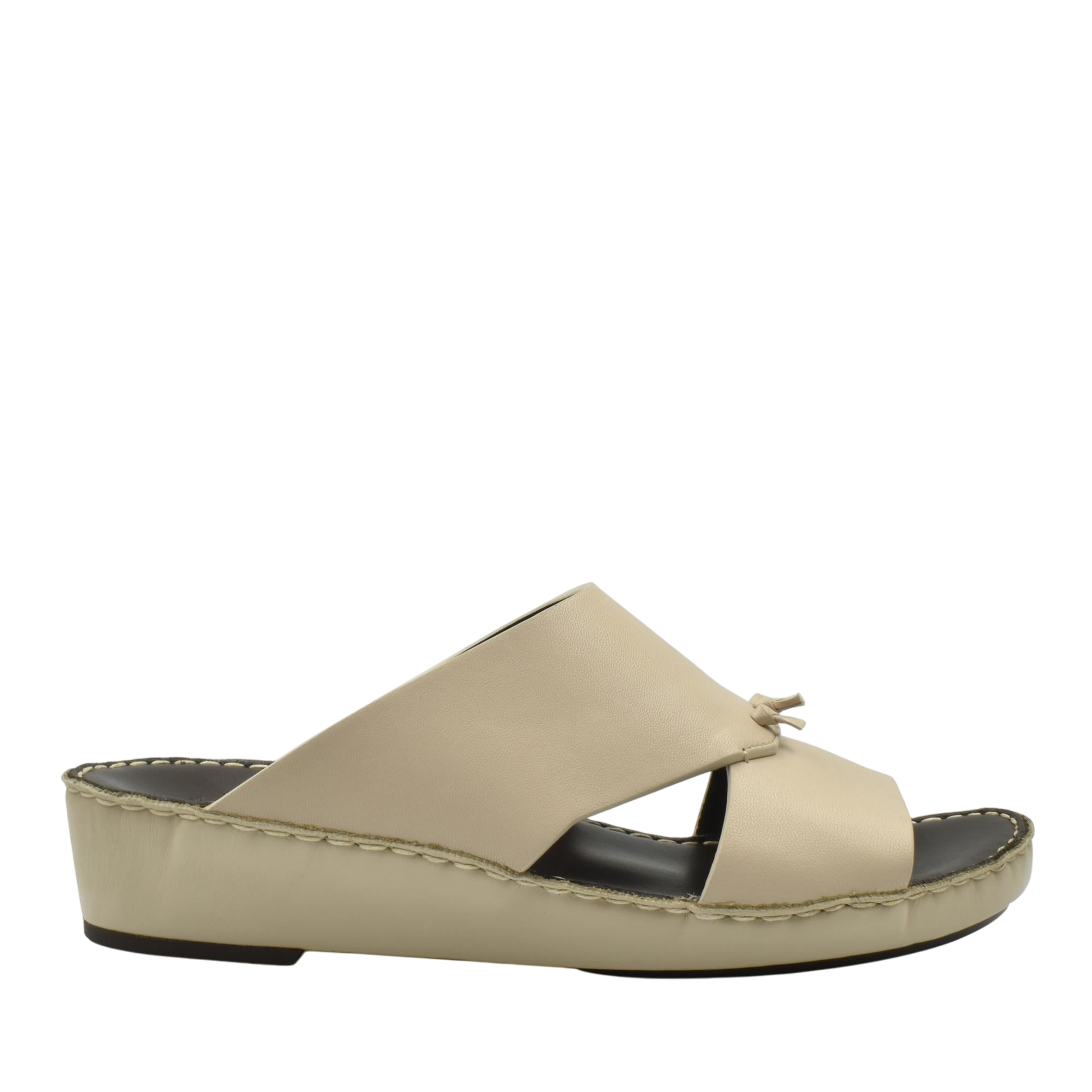Beige luxury nappa leather sandal with open toe and low wedge heel for comfortable wear