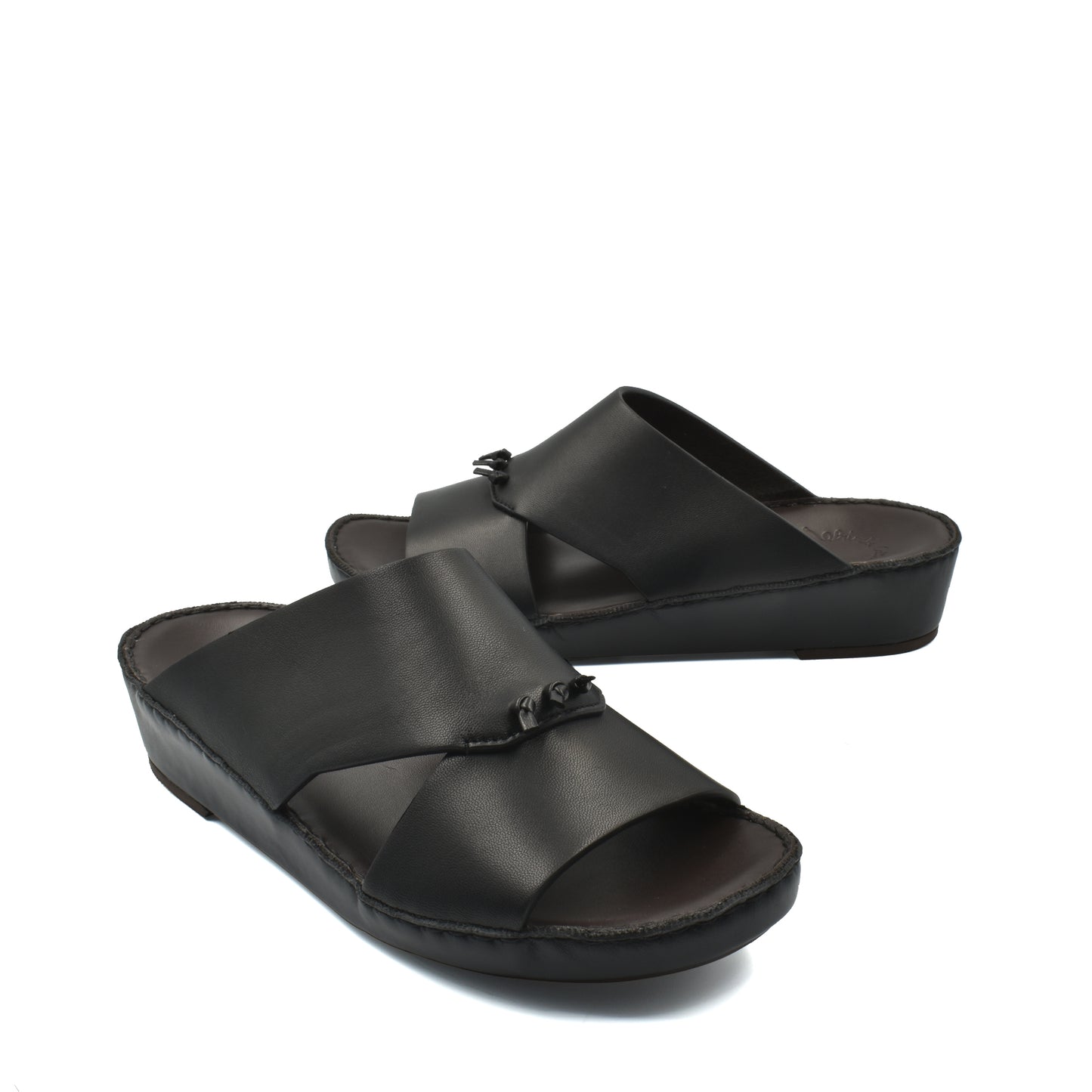 Black luxury nappa leather sandal with wide crossover straps and cushioned sole from Private collection