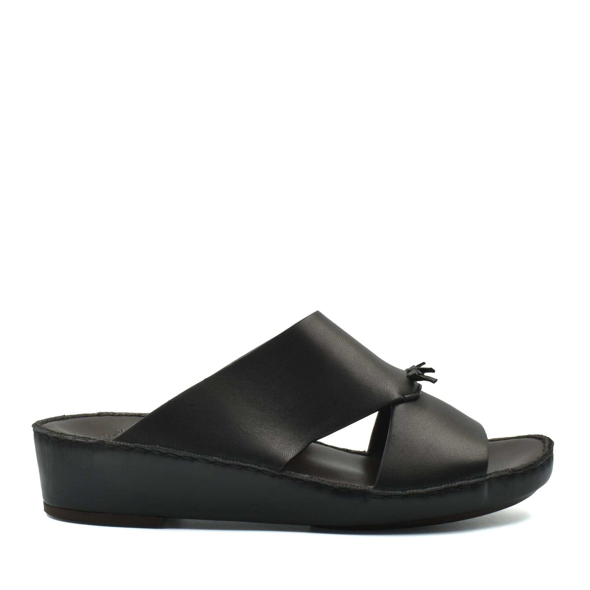 Black luxury nappa leather sandal with open toe and cushioned sole for comfort