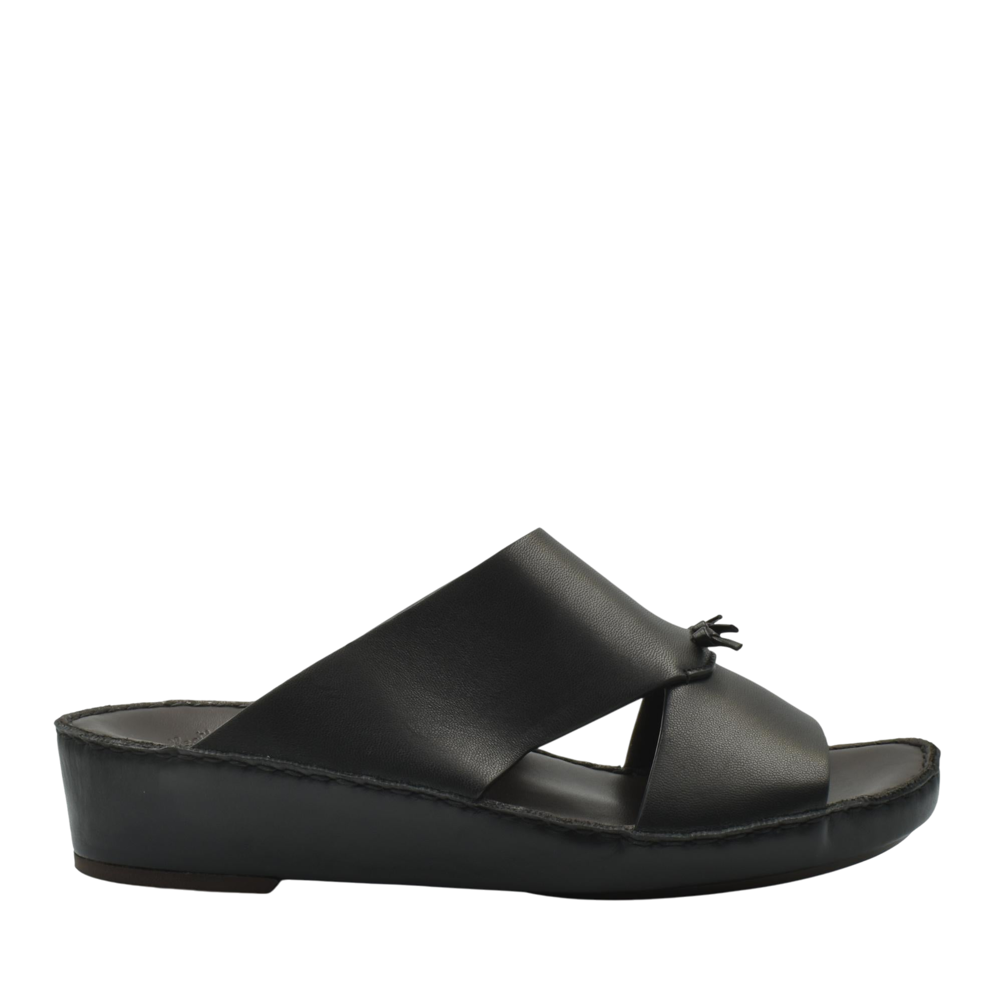 Black luxury nappa leather sandal with open toe and cushioned sole for comfort