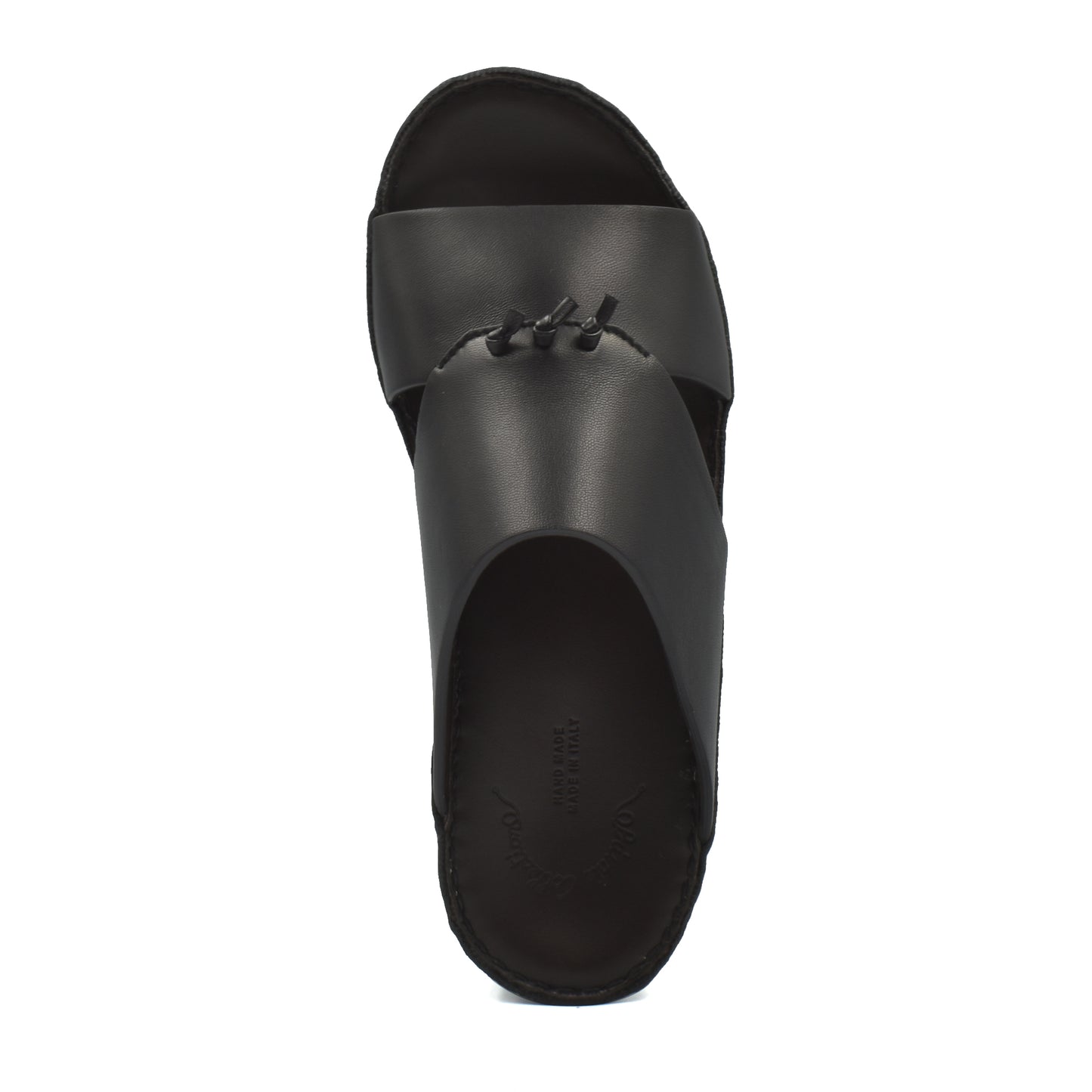 Top view of luxury nappa leather sandal in black with stitched design on the strap