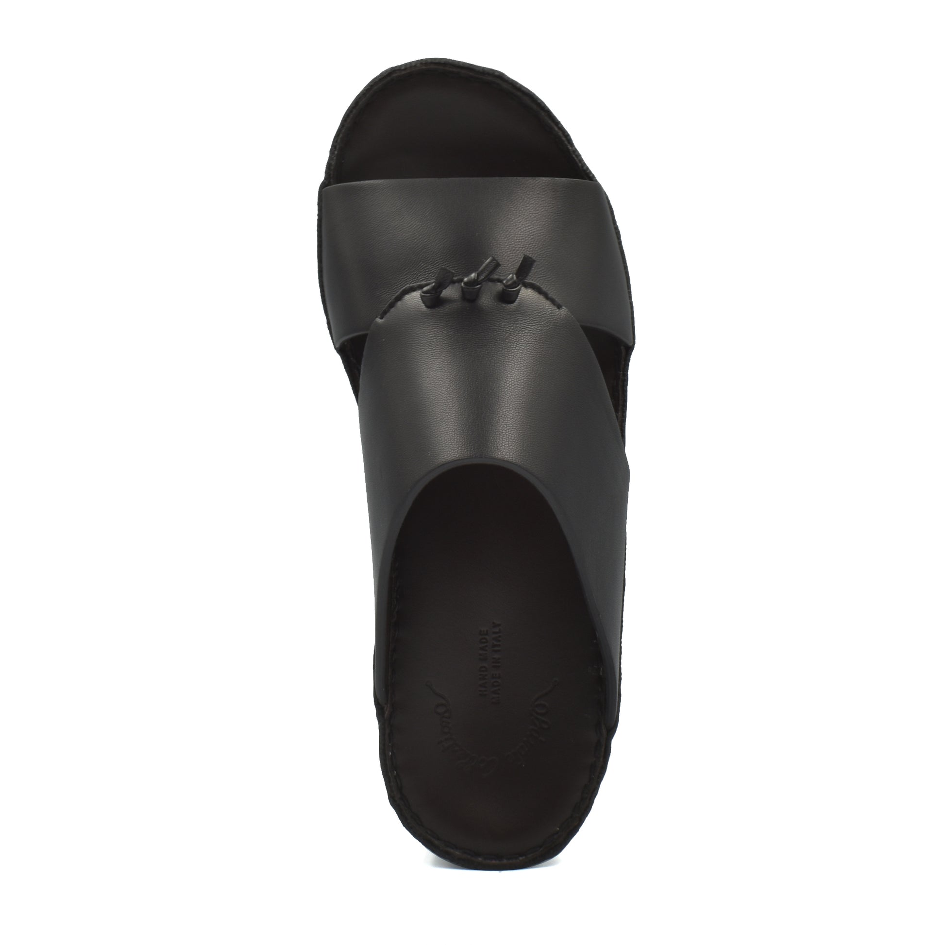 Top view of luxury nappa leather sandal in black with stitched design on the strap