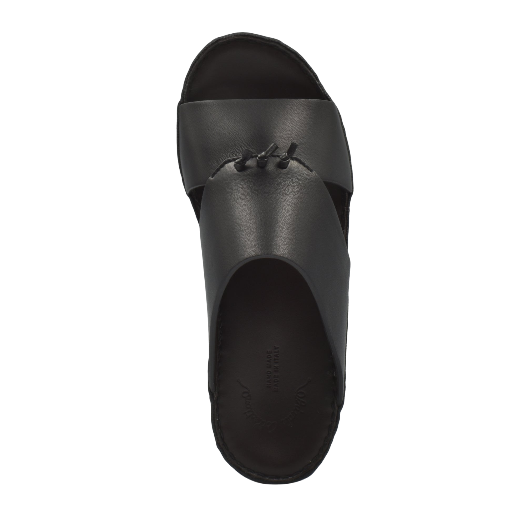 Top view of luxury nappa leather sandal in black with stitched design on the strap