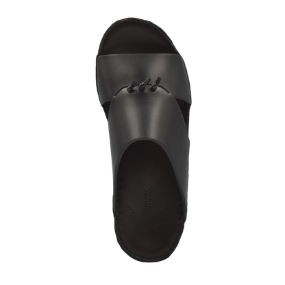Top view of luxury nappa leather sandal in black with stitched design on the strap