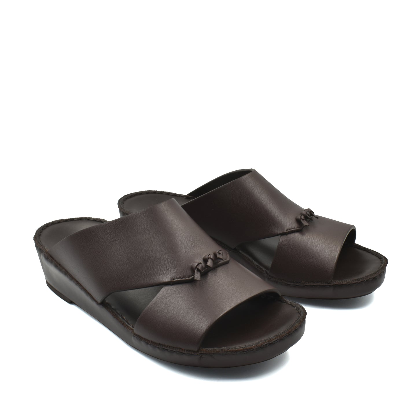 Pair of dark brown luxury nappa leather sandal with open toe and slip-on design